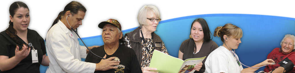 Healthcare professionals interacting with patients of various ages and backgrounds. One healthcare professional is explaining with hands midair, another is using a stethoscope on an older man, one is reading a booklet to a woman, and the last is one is taking blood pressure on an elderly woman. All set against a gradient blue background.